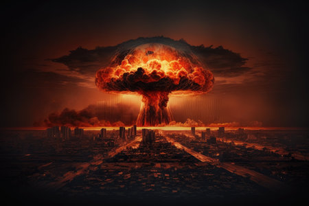Concept of an apocalyptic nuclear war. nuclear bomb explosion in a metropolis. Atomic warfare destroyed the city. darkly illuminated artistic embellishment. selective attentionの素材