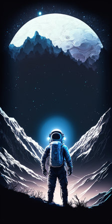 Cosmonaut wearing white space suit and helmet directs a blue ray of light into starry sky above horizon in the night standing with his back to the camera in the mountains space travel conceptの素材