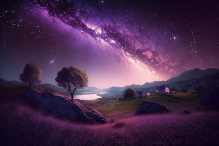Landscape with purple Milky Way. Night sky with stars and hills at summer. Beautiful universe. Space backgroundの素材