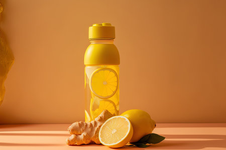 Ginger and lemon infused water bottle on a bright yellow backdrop. a harmonious still life of ingredients and detox waterの素材