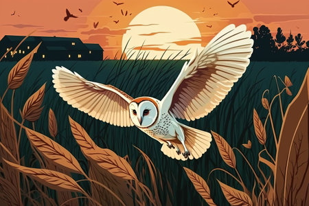 Open winged owl flight. The Tyto alba or Barn Owl flies above brightly colored morning grass. Picturesque natural setting with birds. A chilly dawn an animal in its natural environment. A bird in tの素材