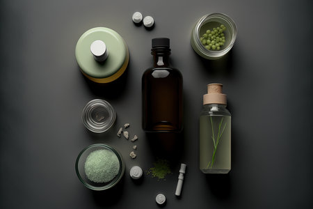 Lab glassware and a cosmetic glass bottle are seen from above against a gray background. Organic skin care products natural medicine and cosmetic researchの素材