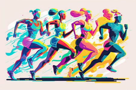Legs in motion as in a cartoon. Humans dressed in bright athletic attire and out for a jog. Illustration of athletes running the marathonの素材