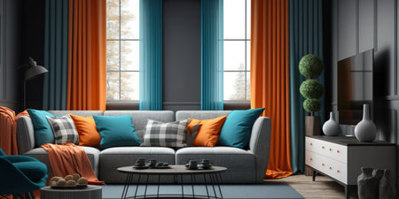 Modern living room interior with gray sofa black coffee table orange armchair big tv blue and gray curtain colorful pillows plaid and personal accessories. Home decor. Templateの素材