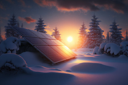 Photovoltaic solar panels with a sunrise in the backdrop. Winter has just begun solar panels. alternative eco energy sourcesの素材