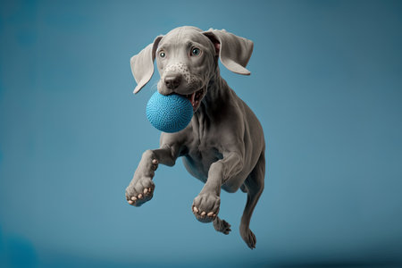 Phantom runner Jumping and playing with a ball is a weimaraner dog. Grey puppy or pet toy that is cute and energetic isolated on a blue backdrop. Pets appreciate the idea of motion activity and movの素材