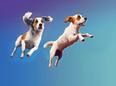 Jumping playing and soaring young dogs. Cute dogs or other pets are shown in a solitary position against a vibrant or gradated background. Studio. An artistic collage of canine breeds. flyer for youの素材