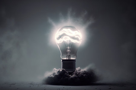 Illustration of a spotlight bulb in a realistic composition with a gloomy background smoke and rays and particlesの素材