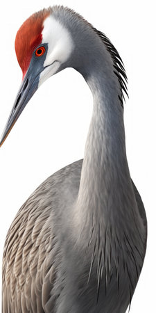 Sandhill crane bird Grus canadensis close up standing profile view showing orange eye red head cap great grey feather detail isolated cutout on white backgroundの素材