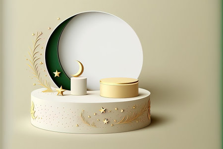 Islamic minimalist cylinder platform with stars a date leaf and a crescent moon. Presentation of a product cosmetic basis stage pedestal or platform. believableの素材