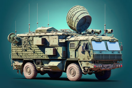 Military truck with satellite dish. Identifying device for military intelligence. Radio intelligence gathering satellite. Signals intercepted. Detector equipped military vehicle. Radio signal detectorの素材