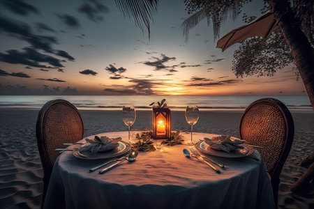 Dinner for two at sunset on the beach while the sky and the sea are illuminated by candles and palm leaves. Beautiful scenery for a honeymoon or anniversary dinner. romantic horizon on an exotic islanの素材