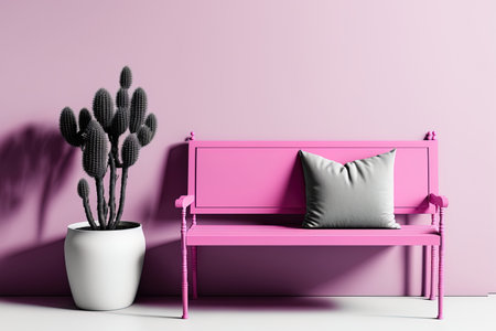 Simple monochrome bright pink park bench with plants. copy space on a light background. backdrops for presentations websites or picture framesの素材