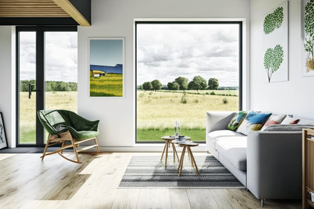 Sofa armchair coffee table on carpet decorative shelf and hardwood flooring create a bright and relaxed space. View of the countryside through a large picture windowの素材