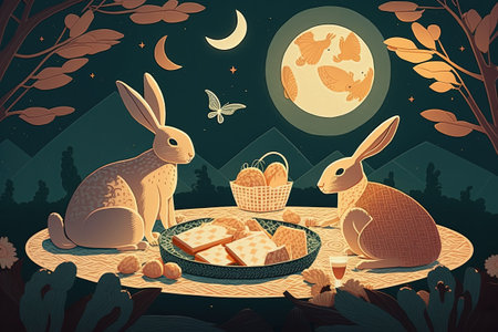 Patterns for a mid autumn celebration. Rabbits on a blanket admiring the moon at a picnic. Full Moon for the Mooncake Celebrationの素材