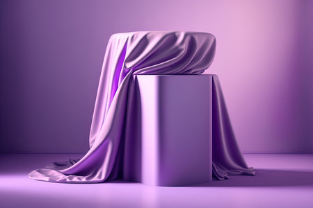 Mock podium with lavender colored cloth draped over it. Abstract A contemporary presenting platform for cosmetics or products. Stylish and colorful contemporary setting sceneの素材