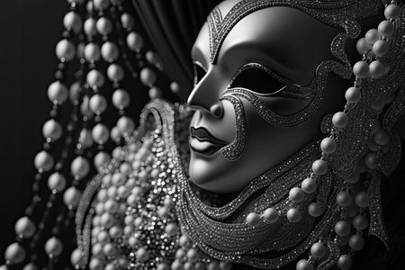 In this up close photo you can see the white boa and complementing beads that adorn the jester mask. Theoretical use for a celebration carnival or Mardi Grasの素材