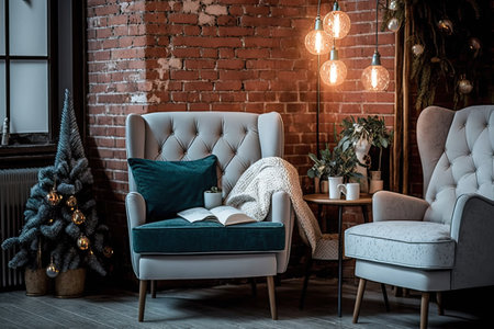 Red brick wall and old seats in room. Floor lamp-lit living room. Christmas idea. Old armchair pillows. Loft-style living roomの素材