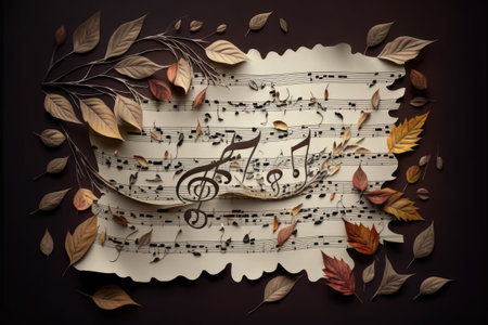Notes from a song. Leaves and music notes. Amazing autumnal backdrop right here. the creative process the music of autumn. a sheet of paper with music notes a pile of dead leaves in a park or gardeの素材