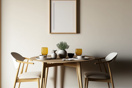 With a wooden family table modern seats a cup of coffee tableware a beige wall and personal items the dining area has a minimalist design. Copy the blank spaceの素材