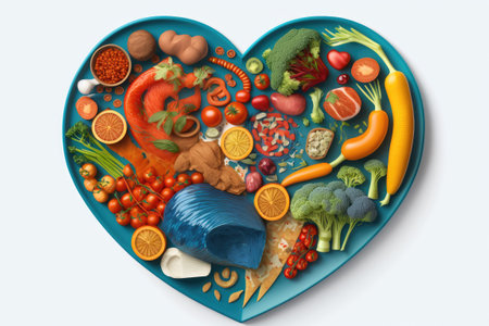 Various heart healthy foods including acai lentils soy sauce ginger salmon carrot tomato turmeric cinnamon walnuts garlic peppers broccoli basil and an onion arranged on a heart shapedの素材