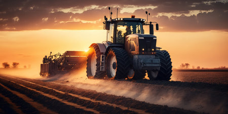 Tractor drives across large field making special beds for sowing seeds into purified soil. Agricultural vehicle works at sunset in countrysideの素材