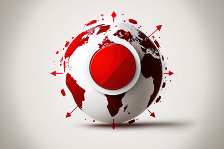 White backdrop with a red pointer symbol on a cartoon Earth. Concept for global exploration or GPS navigationの素材