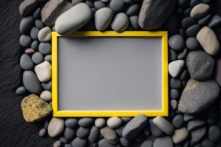 Stone piles smooth ultimate gray pebbles grey stones and yellow borders surround a rectangle copy space. Top-view stone texture. Nature mockup background templateの素材