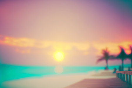 The blur pastels gradient sunset background on soft nature sunrise peaceful morning beach outdoor. heavenly mind view at a resort deck touching sunshine sky summer cloudsの素材