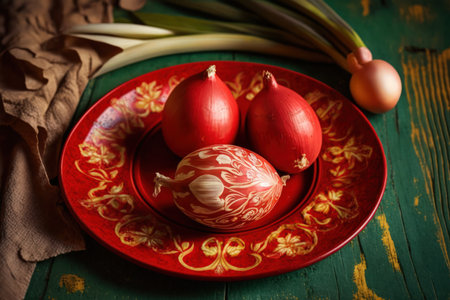 On an old wooden background Easter eggs with onion peel are displayed on a red plate. Background of Easterの素材