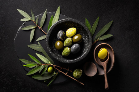 Olives both black and green with olive oil served in a wooden bowl against a black slate backdrop. Horizontal text space in a top down perspectiveの素材