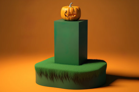 podium with a pedestal and an orange backdrop. Halloween pumpkin on shadowed green grass. Promotion of cosmetic and display products. eerie abstract banner mockupの素材