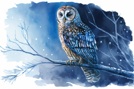 a watercolor of a winter night scene featuring a spotted owl perched on a branch against a blue dusk skyの素材