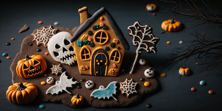 happy spooky season There are cookies and sweets on the table at home. preparations for a vacation. homemade gingerbread cookies for Halloween. Christmas cookiesの素材