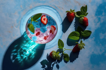 Water infused with mint and strawberries for the summer viewed from above casts long shadows on a pink tabletop. Closeup of a delicious pleasant summer cocktailの素材