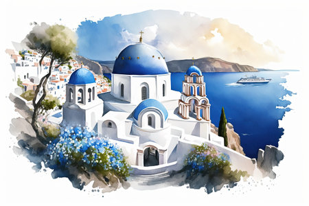 Watercolor Image of the Greek island of Santorini. Overlooking the Caldera on the Aegean Sea is a traditional church with blue and white domes. Located in Santorini Oia is a picturesque hamlet. Artisの素材