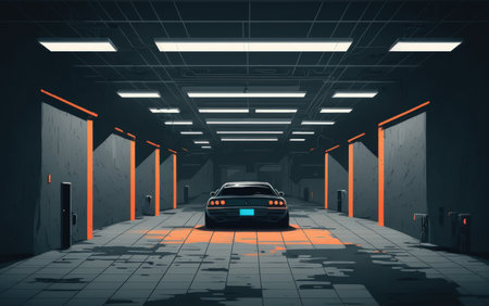 Modern Simple Realistic Underground Light Glows On Cement Concrete Background illustration Dark Room Hangar Parking Car Showroom Tiledの素材