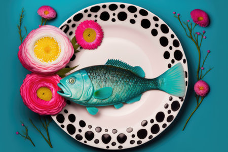 On a bright pink background hides a bass fish studded with colorful precious stones inside a flower plate. Images of minimally staged still life in quirky colorsの素材