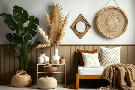 Fashionable living room design with wooden walls plants rattan baskets dried leaves in vases and other home decor accents. cozy bedroom. boho-inspired interior design. 2023s hue of the momentの素材