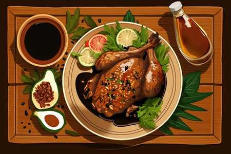 Top view of Bakakak Hayam or Ayam Bekakak or Grilled Whole Chicken with seasonings plus soy sauce a dish from West Java and Jakarta Indonesia. Usually served to brides at weddings. Copy spaceの素材