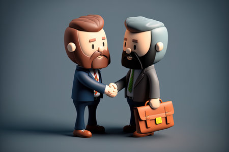 example of a professional handshake. A cute cartoon bearded businessman with a briefcase and a happy guy with a laptop both rise and shake hands. Successful agreement and business ideaの素材