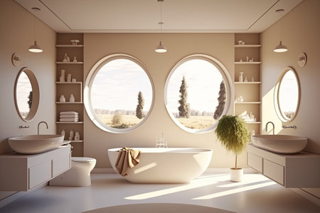 Modern minimalist design for a beige bathroom including two vanities each with a pair of round mirrors that are currently in vogue a panoramic window an oval white bathtub and open shelves. Thinkの素材