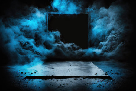 There is a dark blue backdrop an otherwise empty stage neon lighting and bright spotlights. Display items are affixed to an asphalt floor in a studio that has smoke rising from the floorの素材