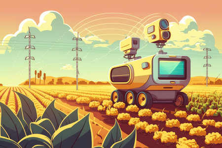 Smart robotics (artificial intelligence ai) are used in agriculture for management control monitoring and detection using sensors in the field and farm (iot internet of things)の素材