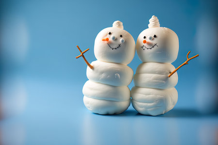 Two amused and joyful marshmallow snowmen. Marzipan pals against a blue background. diy. A cute marshmallow snowman treat for youngsters. decorations for Christmasの素材