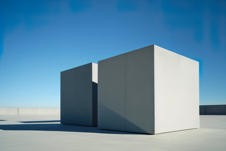 photography of buildings. Two sturdy cement blocks in a geometric arrangement. building in contrast to a cloudless blue sky. contemporary architecture. pieces of minimalist designの素材