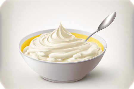 bowl containing yogurt sauce cream and mayonnaise. Realistic image of a white porcelain cup with fresh dairy product creamy cheese and sour or sweet swirl mousseの素材