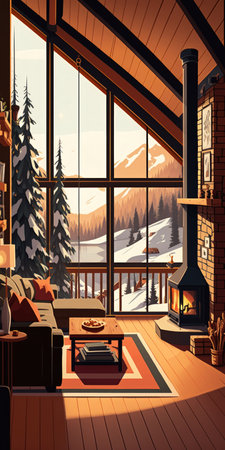 cozy warm home interior of a chic country chalet with a huge panoramic window overlooking the winter forest. open plan wood decoration warm colors and a family hearthの素材