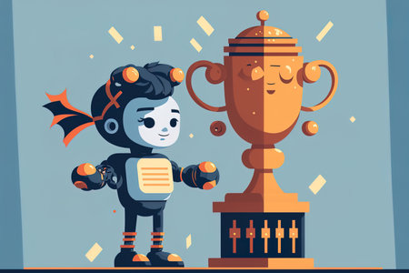 winning a robotics tournament as a student. Kid and robot clutching trophy while standing on winners podium. flat graphic image for principles in engineering programming and successの素材