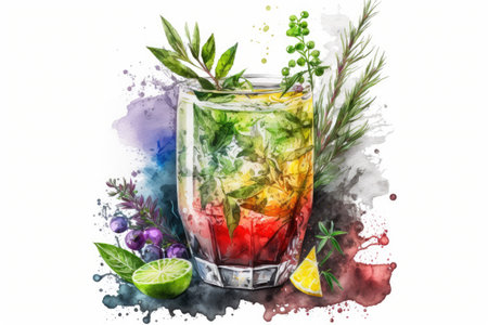 Water with detoxifying fruit juice Mojito margarita with fresh mint lemon rosemary lime juice and ice served in a dark rimmed glass. Cocktails and ice drinks are perfect for the summer heatの素材